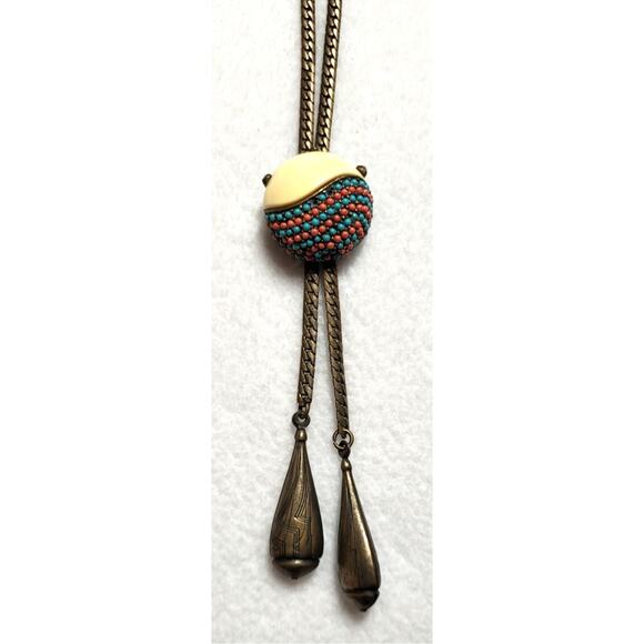 Brass Necklace Southwestern Bolo Slide Enamel Beaded Lariat Chain Foldover Clasp - Picture 3 of 7
